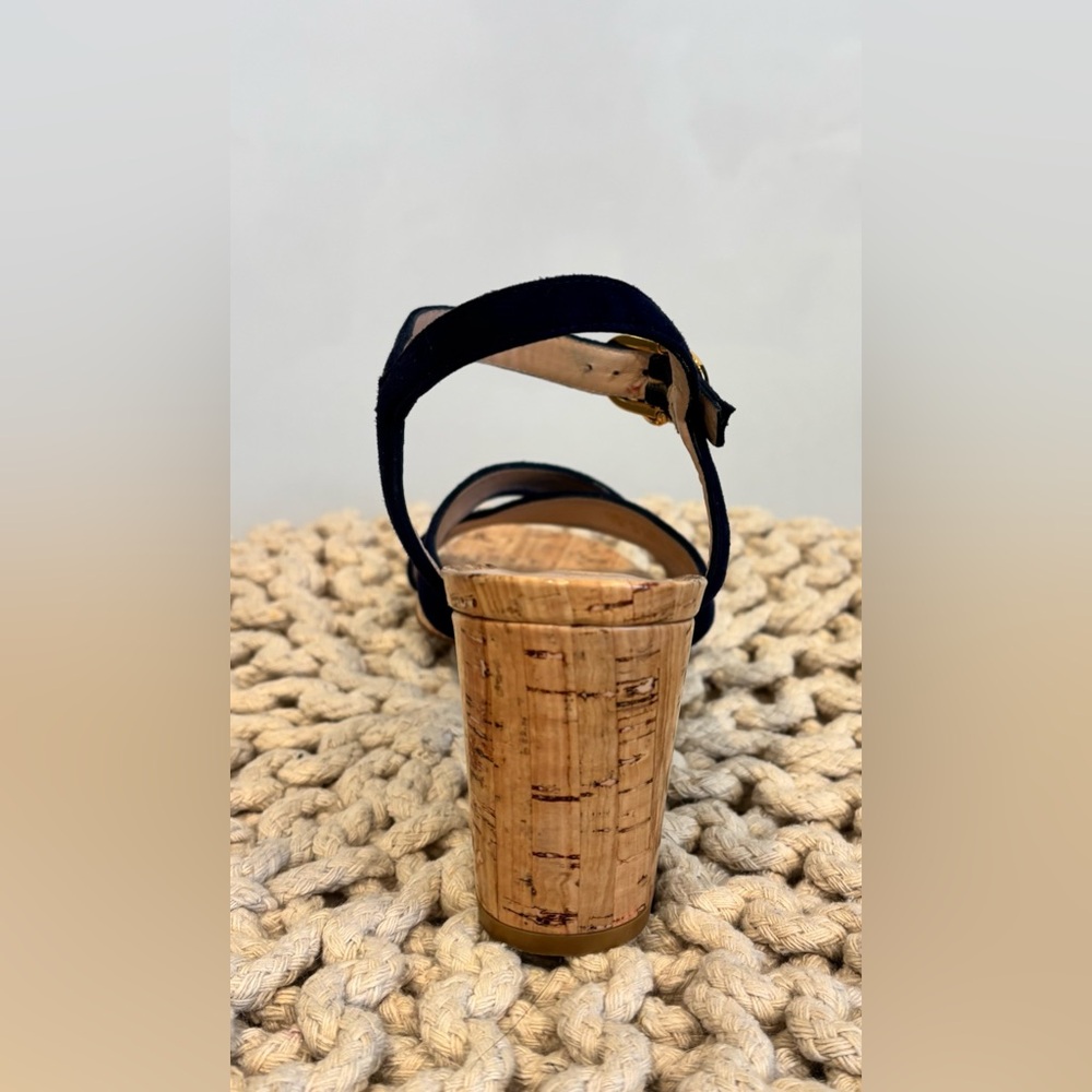Stuart Weitzman Navy Suede Cork Block Heel Sandals - Picture 4 of 7